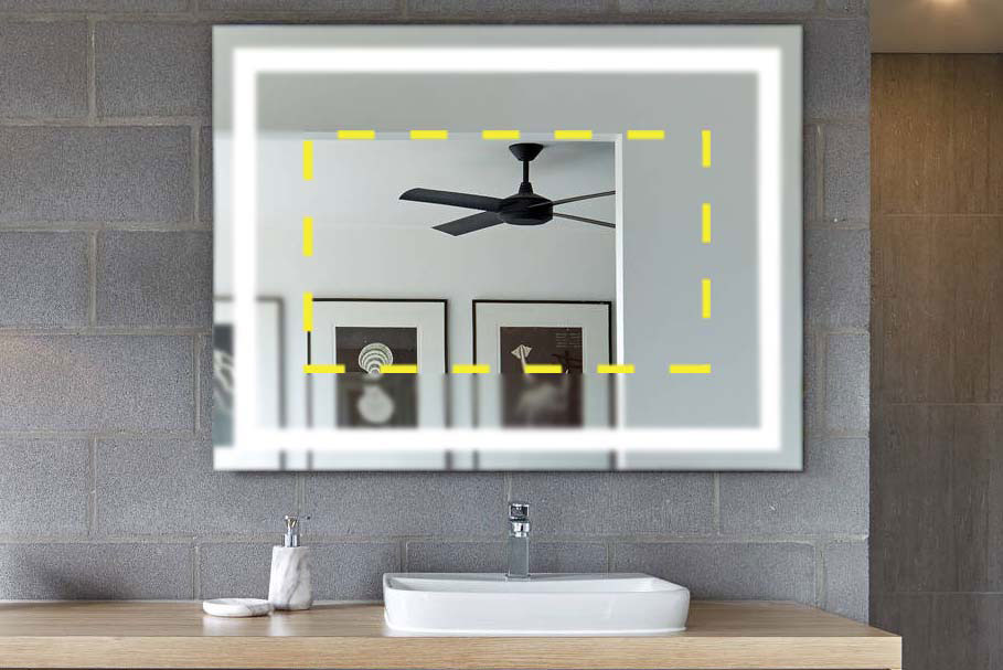 Lighted Mirror, with the use of a demister pad in the yellow dotted section